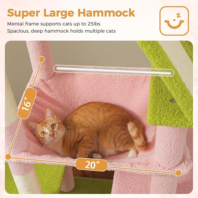 71 Inch Tall Pink Cat Tree for Indoor Cats Large Adult, Multi-Level Cat Tower with Extra Large Hammock, 2 Cat Caves, Spacious Top Perch, Scratching Pad