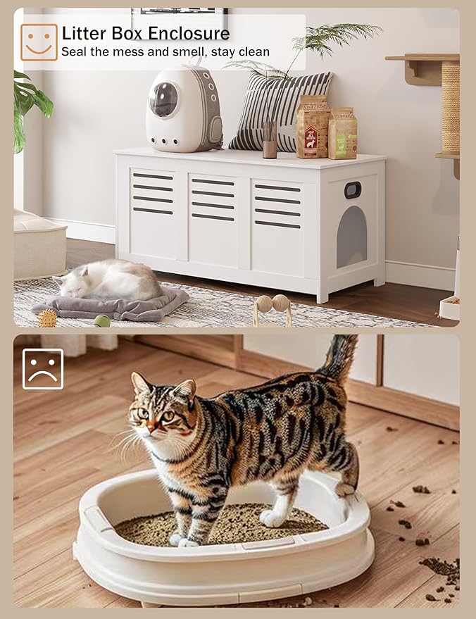 DINZI LVJ Litter Box Enclosure, Flip Top Litter Box Furniture, Hidden Cat Washroom, Wooden Cat House, End Table, 39.4" L x 19.7" W x 19.7" H, Good Ventilation, Easy to Assemble, White