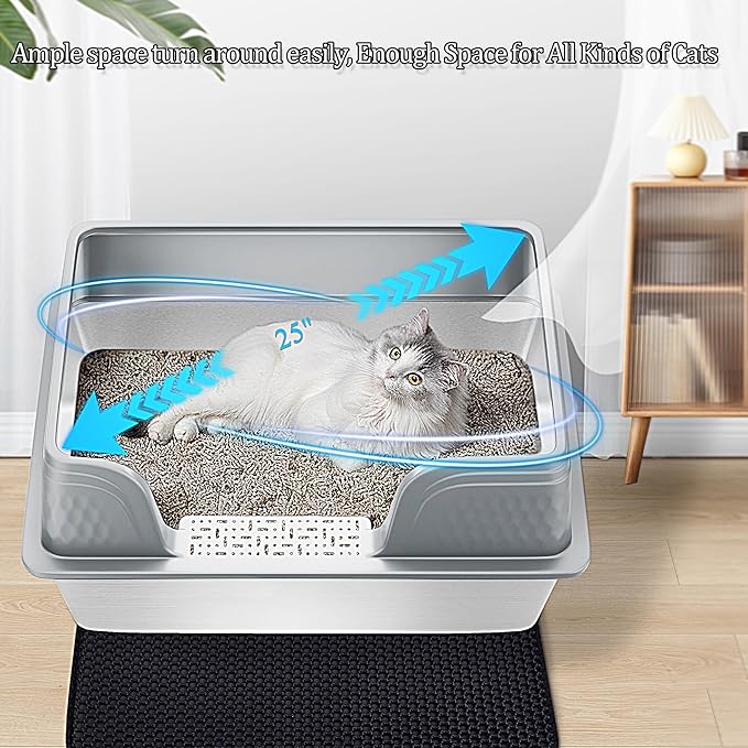 Vealind XXL Stainless Steel Cat Litter Box High Sided with Lid 23.7" L x 16" W x 14" H Anti Leakage Extra Large Metal Cat Litter Tray with Scoop and Mat for Big Cats (Grey)