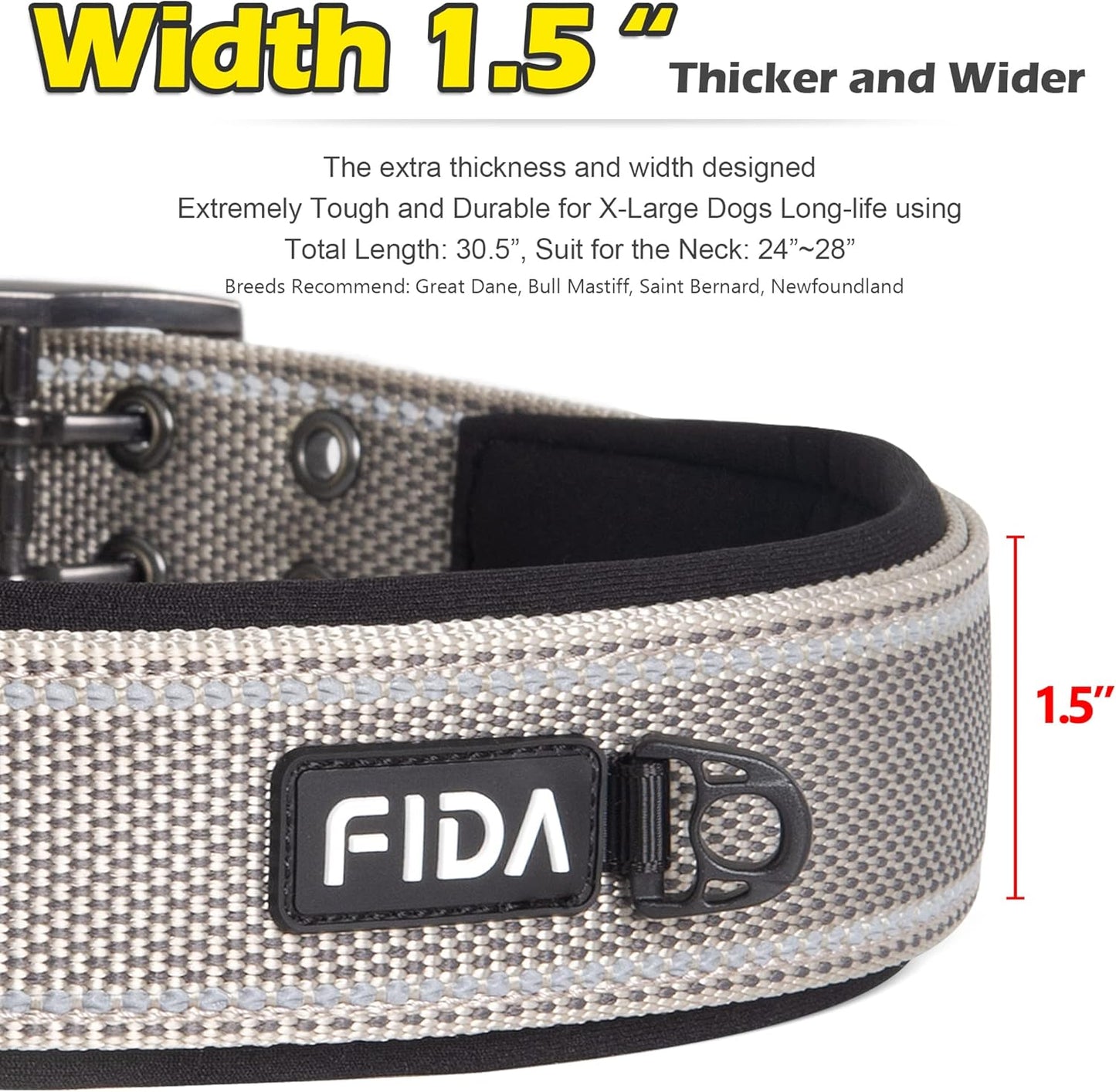 Fida Heavy Duty Dog Collar 1.5” Width, Ultra Soft Neoprene Padded, Adjustable Reflective Nylon Pet Collar with Two Metal Pin Belt Buckle for Large/X-Large Breeds (XL, Grey)