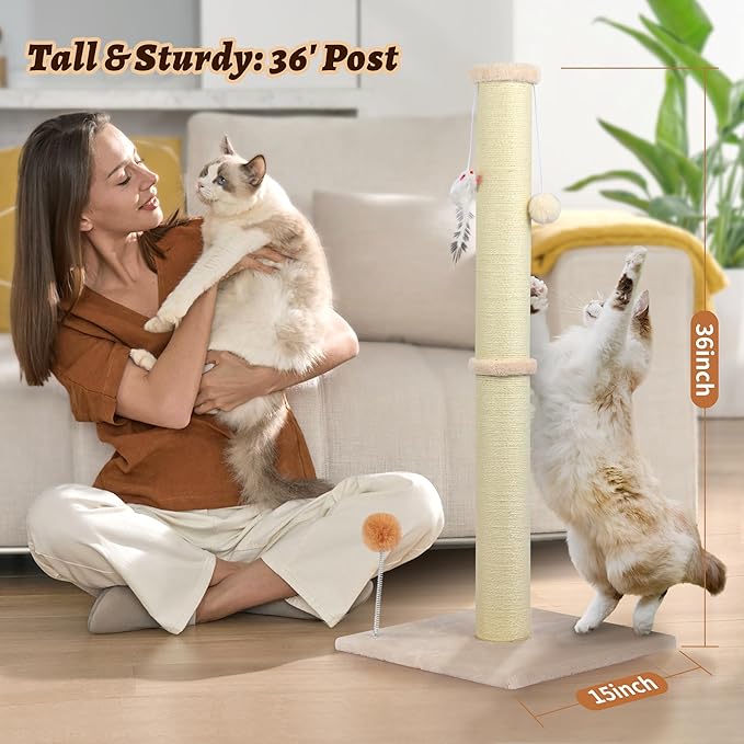 36 Inch Tall Cat Scratching Post – Sisal Cat Scratcher for Indoor Cats, Large Vertical Scratch Post, Sturdy Cat Scratch Pole Tower, Modern Cat Furniture for Kittens & Adults (Beige)