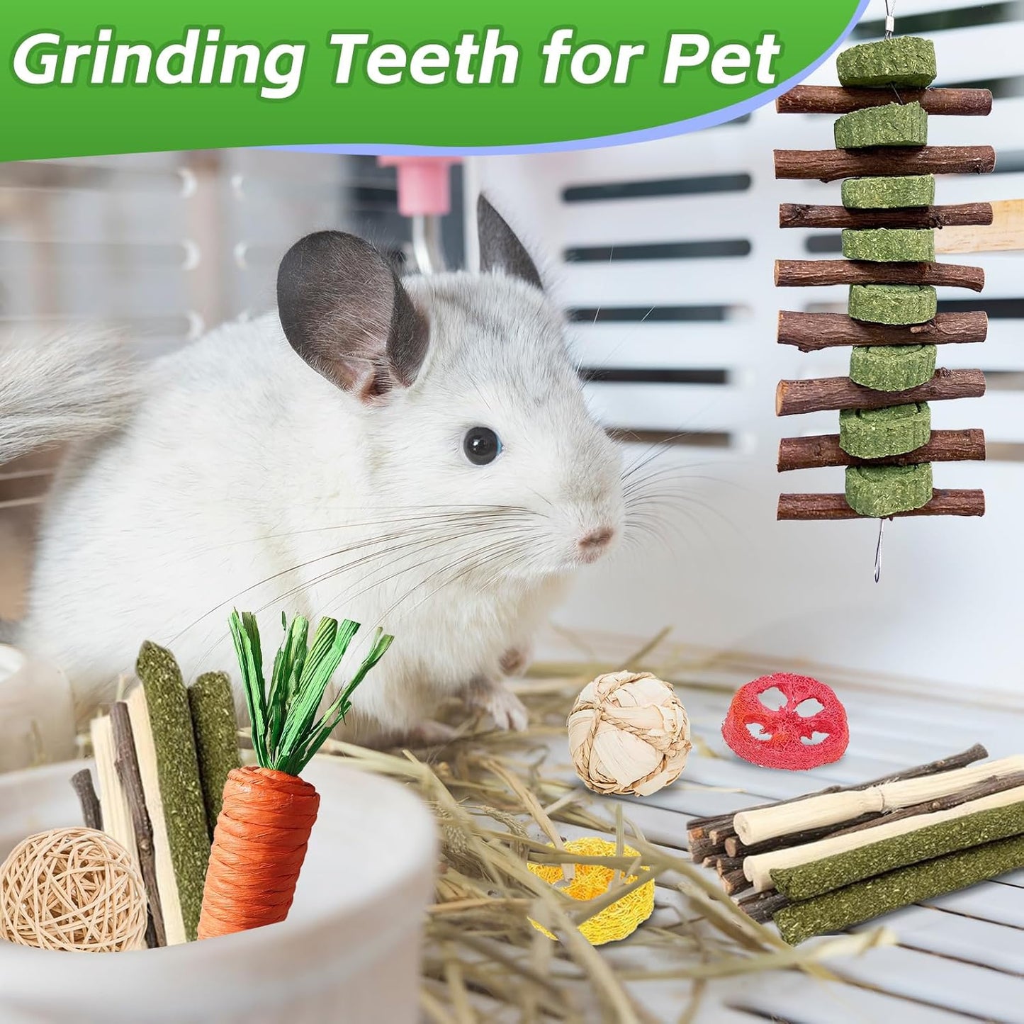 WDEFUN 21-Piece Natural Small Pet Chew Toys Set for Rabbits, Hamsters & Organic Grass Mat, Hay Sticks, Loofah Slices, Wooden Chews & More for Dental Health & Boredom Relief