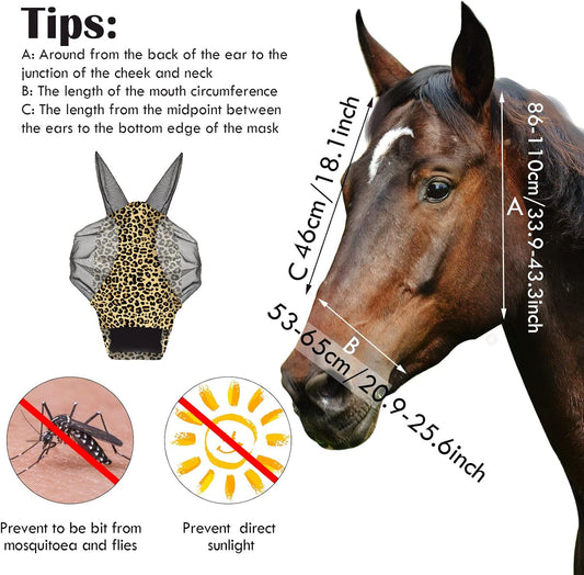 Chunful 6 Pcs Horse Fly Masks with Ears Smooth and Comfortable Cashel Mesh Fly Mask Elasticity Breathability UV Protection Horse Face Covering for Riding Supplies(Leopard,Large)