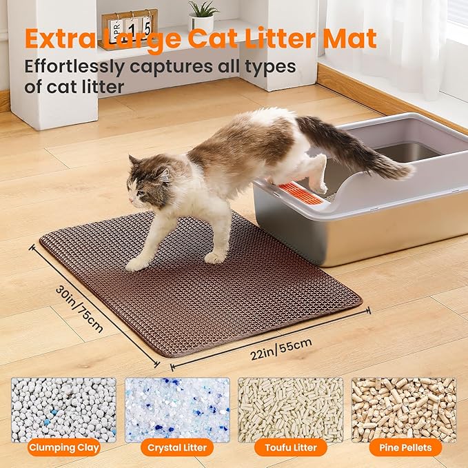 Extra Large Cat Litter Mat, 30x22 Inches Honeycomb Double Layer Cat Litter Trapping Mat, Non Slip Waterproof Urine Proof Large Kitty Litter Box Mat for Floor, Kitten Supplies, XL, Brown