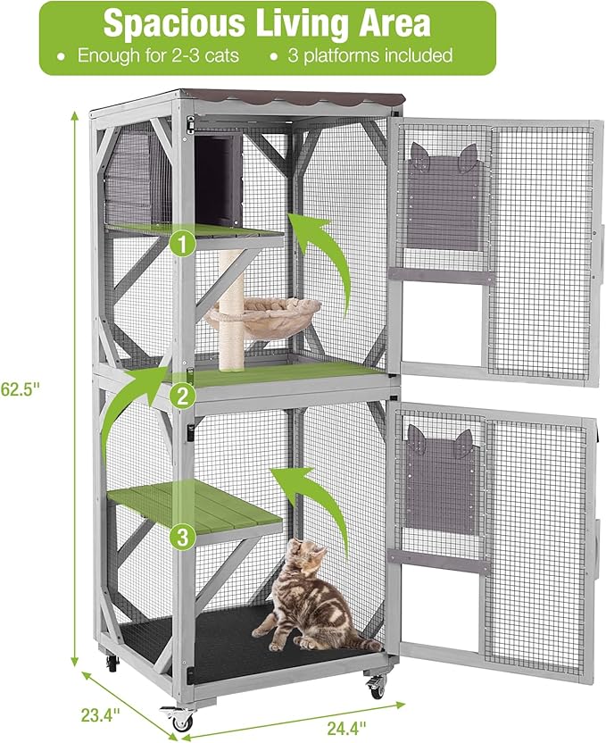 GUTINNEEN Cat House Catio Outdoor Cat Enclosure on Wheels Kitty Shelter with Waterproof Cover,Large Cat Cage with Resting Room,Platforms 62.5"