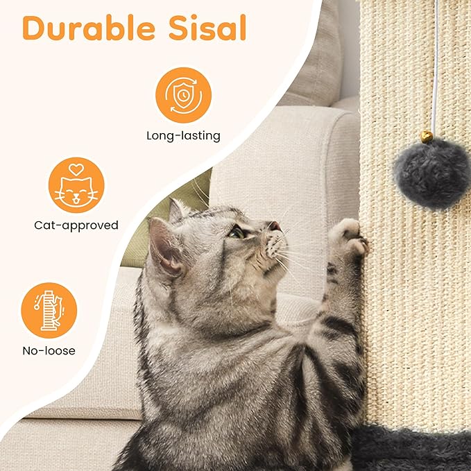 Indoor Cat Scratching Post: 32 in Tall Cat Scratcher with Natural Sisal Rope, Kitty Pet Tower with Sturdy Wood Base and Hanging Ball Toy, Great Gift for Small and Large Kittens, Grey