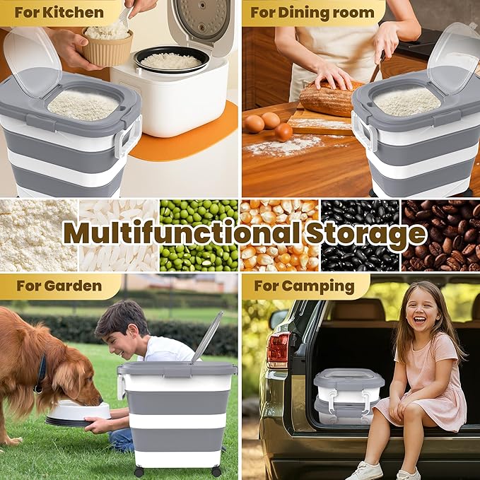 HOYTAMDA 30-40Lbs Rice Container,Collapsible Airtight Food Storage Containers with Wheels,Handle,Rice Storage Container with Small Bin and Scoop,Rice Dispenser for Flour Sugar Cereal Grain Dog Cat