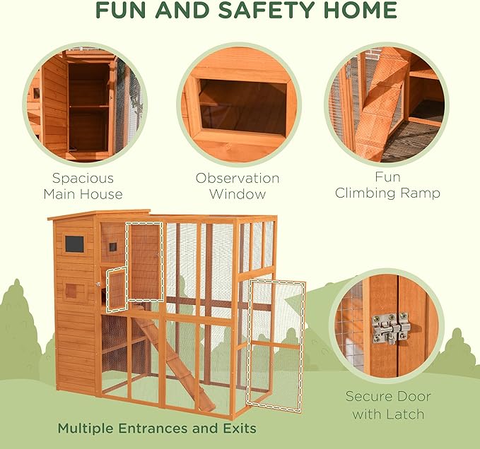 PawHut Catio Outdoor Cat Enclosure, Wooden Cat Patio with Platforms, Waterproof Asphalt Roof, Ramps, 77" L, Natural