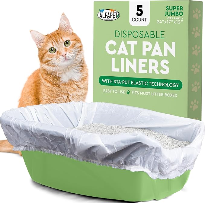 Alfapet Elastic Cat Litter Box Liners - Super Jumbo 5 Count - Tear-Resistant Cat Litter Bags, Waterproof Kitty Litter Liners - Fits Litterbox Pan Sizes X-Giant, Jumbo, 42" x 20" x 2 MIL 30 lb Capacity