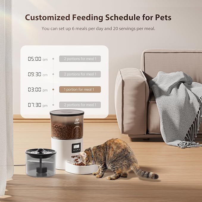 Automatic Cat Feeder and Water Fountain, Timed Pet Dry Food Dispenser, Programmable Portion Control, 1-6 Meals Per Day, Cat Fountains for Drinking with Filter, Small Pets (3L Combo)