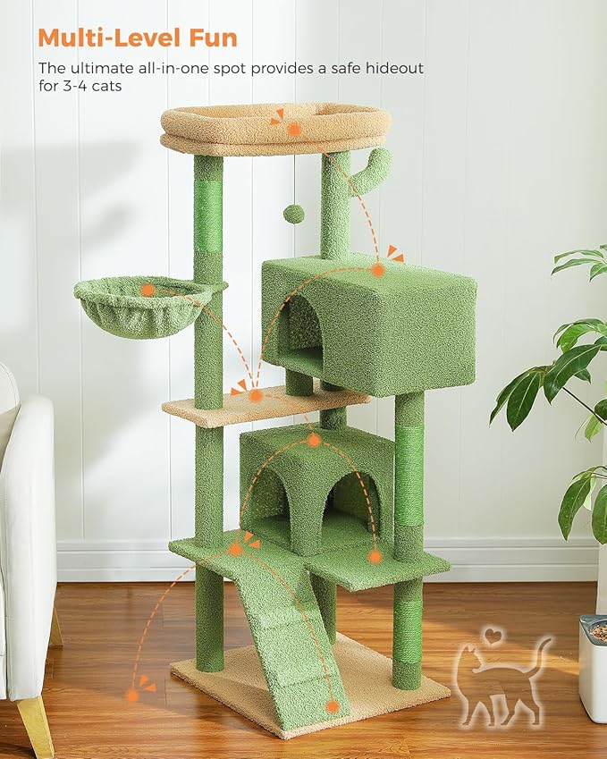 Cactus Cat Tree for Indoor Cats, 2 Cozy Condos with Spacious Top Perch, 56.3-Inch Multi-Level Cat Tower with Scratching Posts, 2 Caves, Plush Hammock and Climbing Ramp, Green