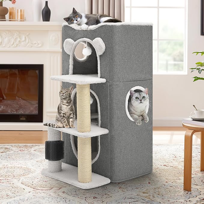YITAHOME 3-Tier Cat House, Cat Beds for Indoor Cats, Modern Cat Condo with Highway Cave, Scratch & Itching Post, Climbing Stand, Cat Cube Playhouse for Multi Kittens, Grey