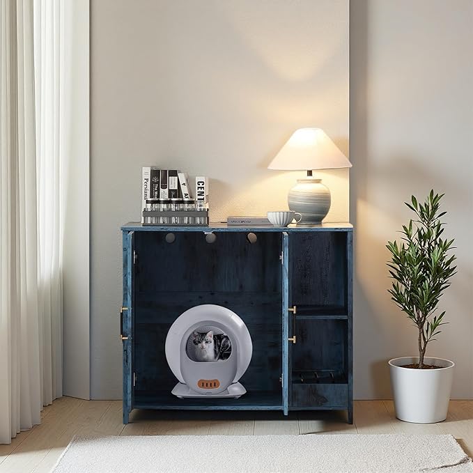 Cat Litter Robot Enclosure with Litter Collector,Cat Litter Cabinet with Dog Proof Adjustable Shelf,for Placing Litter Robot 3/4,Power Outlet (Blue)