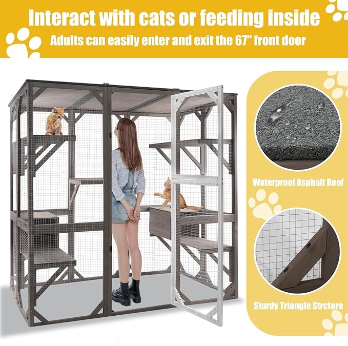 Outdoor Catio Cat Enclosures - Wooden Cat House Weatherproof with Multi Platforms & Lounge Boxes,Combined- 71 Inch