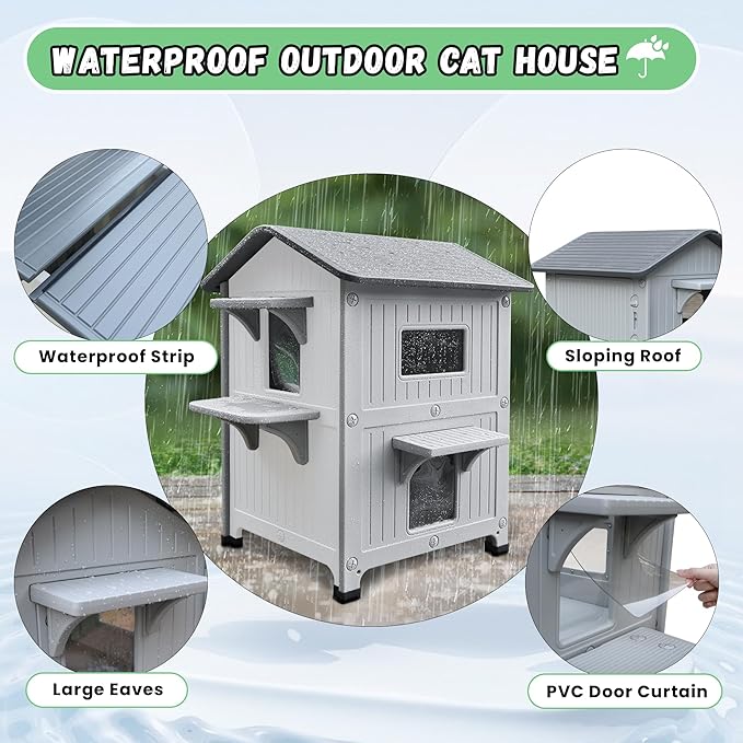 Plastic 2 Story Outdoor Cat House with Escape Door, Waterproof Cat House for Feral Cats for Outdoor Indoor Use, Sturdy Cat Houses for Outdoor Cats, Clean & Assemble Easily(White)