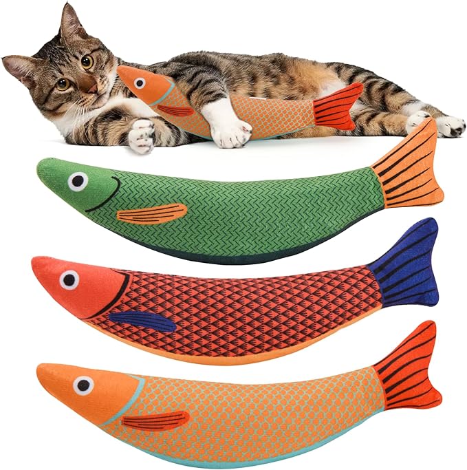 AUSCAT Cat Catnip Toys, 3PCS Catnip Fish Toy for Cats, Cat Kicker Toys with Crinkle Sound, Interactive Plush Soft Cat Toys for Indoor Cats and Kittens