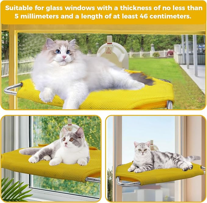 Cats Window Perch with Strong Suction Cup, Large Cat Hammock Bed for Window with 2 Mats, Kitten Hammock with Metal Frame for House Indoor Large Suction Cup with Red Warning Line