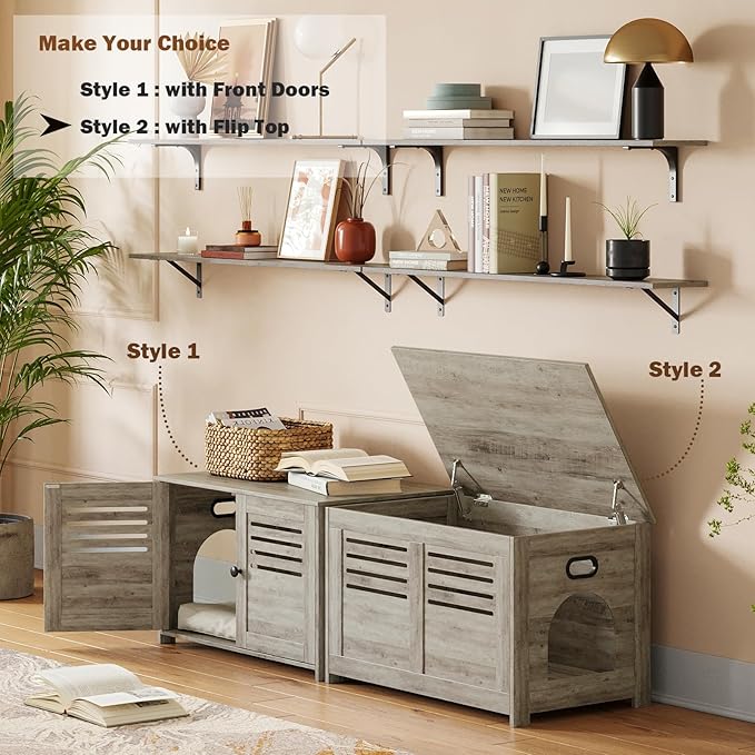 DINZI LVJ Litter Box Enclosure, Cat Litter House with Louvered Doors, Entrance Can Be on Left or Right Side, Spacious Hidden Washroom for Most of Box, Furniture Cabinet, Gray Wash