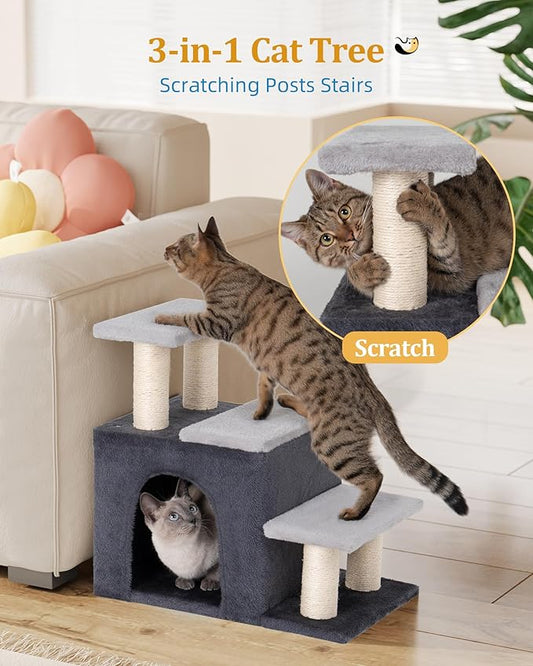 3-in-1 Pet Stairs for Cats, Dog Steps for Small Doggie, 6.29''Depth Cat Stairs, Indoor Cat Ladders for High Bed for Pet's Joints,Soft Plush, 1 Cat Condo Cave, Sisal Scratching Posts, Grey, Medium
