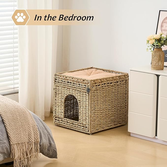 Pet Cat House, Handwoven Seagrass Cat Cave Pet Cube, Cat Beds Indoor Cat Hideaway with Double-Sided Soft Cushions Foldable for Multi Small Pet in Living Room Bedroom