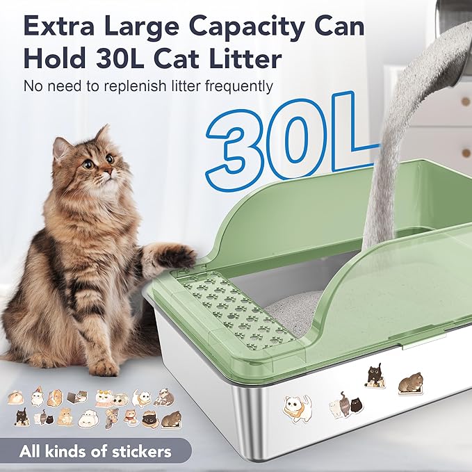 UPSKY Stainless Steel Cat Litter Box with Lid, XL Large Metal Litter Box for Large Breeds, Enclosed Kitty Litter Pan with High Sides, Leak-Proof & Non-Stick, Easy to Clean, Scoop and Mat Included
