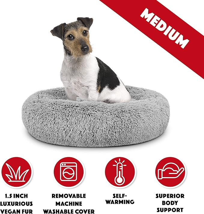 The Dog’s Bed Sound Sleep Donut Dog Bed, Med Silver Grey Fur Calming Nest Bed, Veterinary Approved