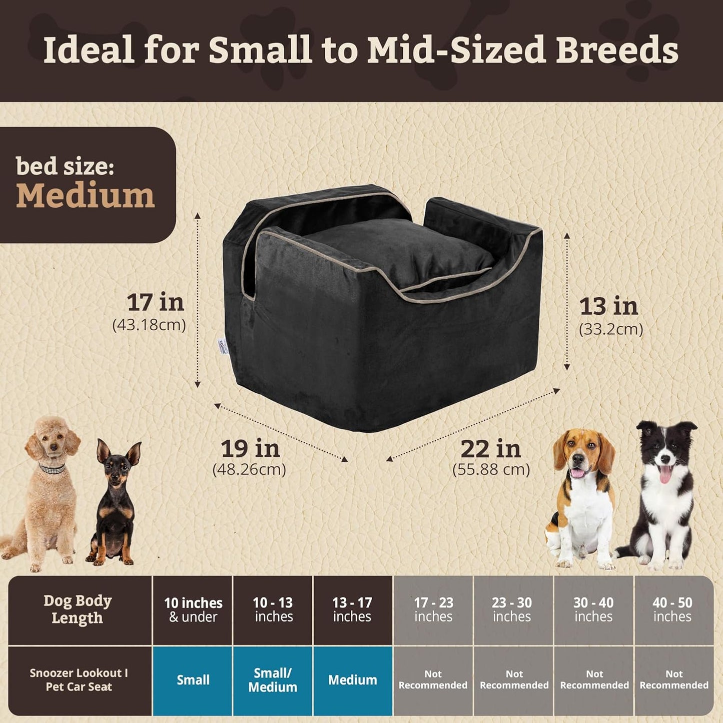 Snoozer Lookout I Dog Car Seat - Small Dog & Puppy Car Seat, Booster Bed for Small and Medium Size Pets up to 25 Lbs, Elevated, Washable - Medium