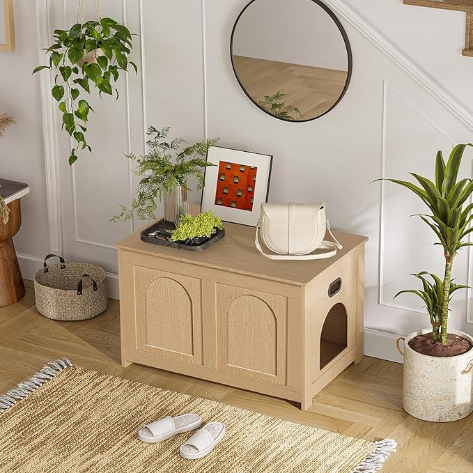 DINZI LVJ Cat Litter Box Enclosure, Flip Top Litter Box Furniture, Farmhouse Hidden Cat Washroom, Wooden Pet House, End Side Table, 31.5" L x 19.7" W x 19.7" H, Sturdy and Easy to Assemble, Natural