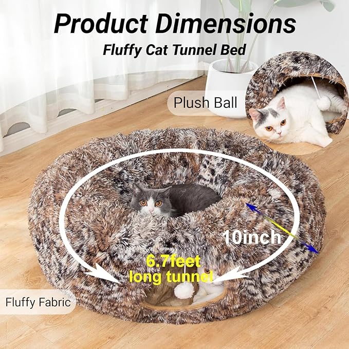 LUCKITTY Warm Fluffy Plush Cat Dog Tunnel Bed with Washable Cushion- Big Tube Playground Toys 3 FT Diameter Collapsible, for Indoor Cat Kitty Kitten Puppy Rabbit Ferret Leopard Print