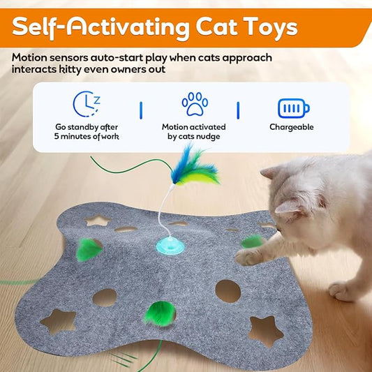 Interactive Cat Toys for Indoor Cats Exercise Toys Spin Feather Wand Tumbler Base, Touch Activate Mode Peek-A-Boo Felt Cover Toy Rechargeable