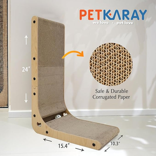 PETKARAY Cat Scratcher, Cat Scratching Board, L Shape Cat Scratch Pad for Indoor Cats, Floor Mounted Scratching Cardboard with Ball Toy