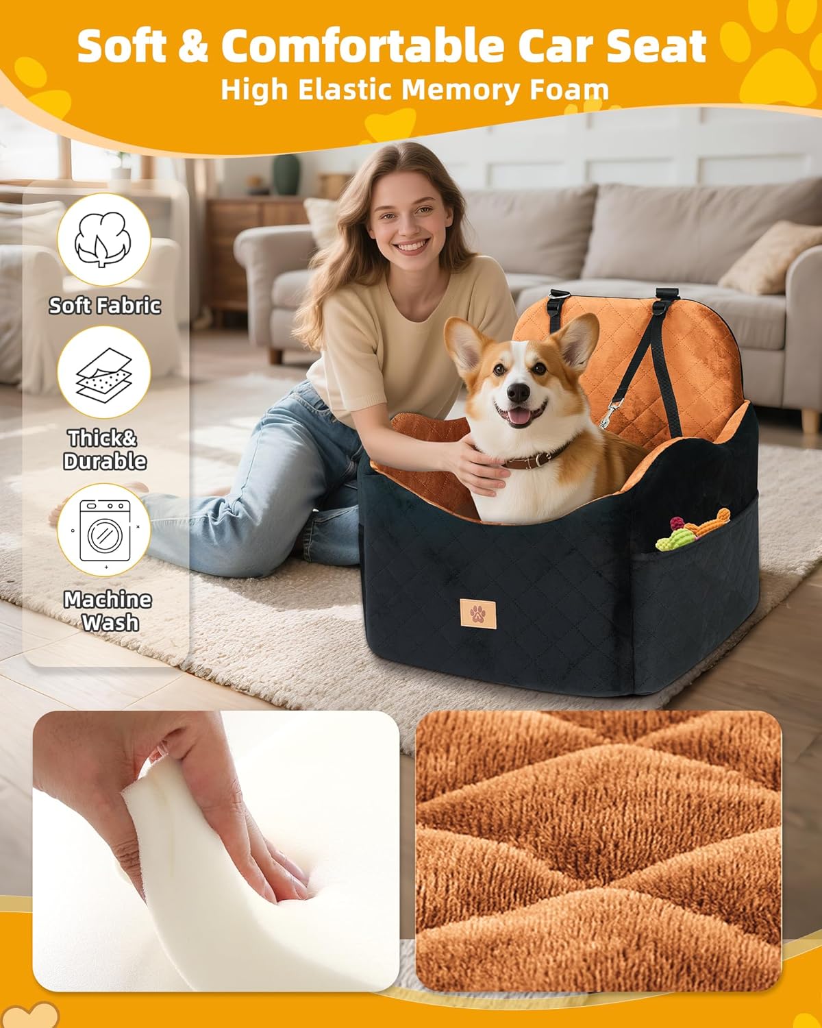 Car Seat Booster for Dog: High-Support Memory Foam Pet Car Seat for Small/Medium Dogs Under 35lbs with Elevated Cushion,Pockets - Detachable Washable Puppy Travel Bed for Driving(Black/Brown)