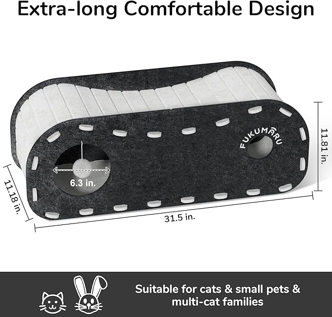 FUKUMARU Cat Beds for Indoor Pets, 31.5 Inches Extra-Large Cat Cave for Multi-Pet, Cozy House with Fluffy Ball Hanging, Scratch Resistant Felt Kitten Hideaway Bed, Feline Tunnel, Grey