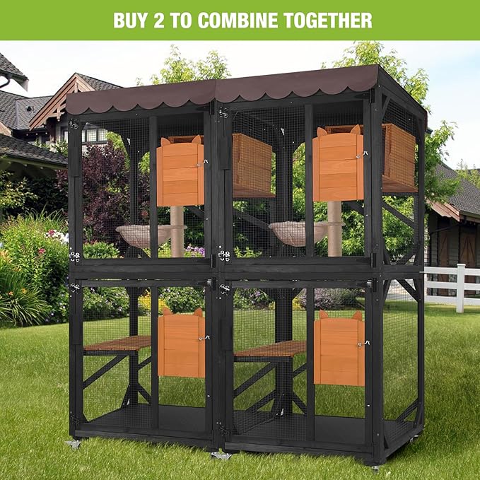 GUTINNEEN Cat House Outdoor Catio on Wheels 70.9" Cat Enclosure Perfect for 3-5 Cats,Waterproof Cover Kitty Shelter