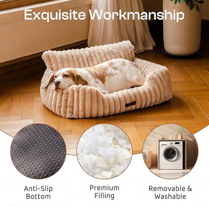 MEWOOFUN Dog Couch Bed, Fluffy Small Dog Bed with Removable Washable Cover, Supportive Cat Couch for Cats & Dogs up to 25 lbs (Camel, 30x21x12)