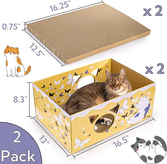 2 Pack Cardboard Cat Scratcher Boxes, 16.5 Inch Heavy Duty Cat Scratching Bed, Large Kitten Lounger with Double-Sided Scratch Pad, Hideaway House with Interactive Hole for Indoor Cats