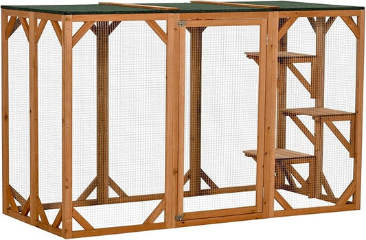 PawHut Outdoor Cat House, Catio Wooden Feral Cat Shelter, Cat Cage with Platforms, Large Enter Door, Weather Protection Asphalt Roof, 71" L, Orange
