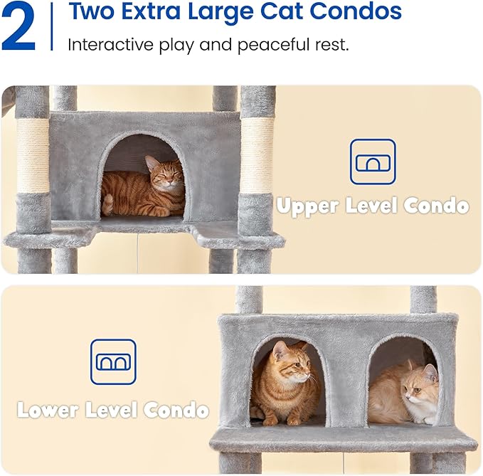 MWPO Extra Large Cat Tree, 77.6-Inch Tall Cat Tower for Indoor Cats with 2 Condos, Multi-Level Cat Stand for Large Cats, 3 Hammocks, Wide Perch, Scratching Posts, Dangling Toys, Light Grey