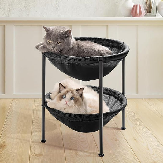 Double Cat Bed Black, Breathable Pet Bed for 2 Cats with 4 Adjustable Feet & Anti-Slip Mats, Easy Assembly Cat Hammock for Multi-cat Household, Indoors & Outdoors, 22.8 in x18.7 in x 18.7 in