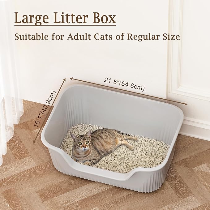Large Litter Box with High Sides 21.5 * 16.1 * 10.4 inches Big Litter Boxes for Large Cats Easy Clean Open Cat Litter Box, Anti-Splashing&Leak-Proof, Grey