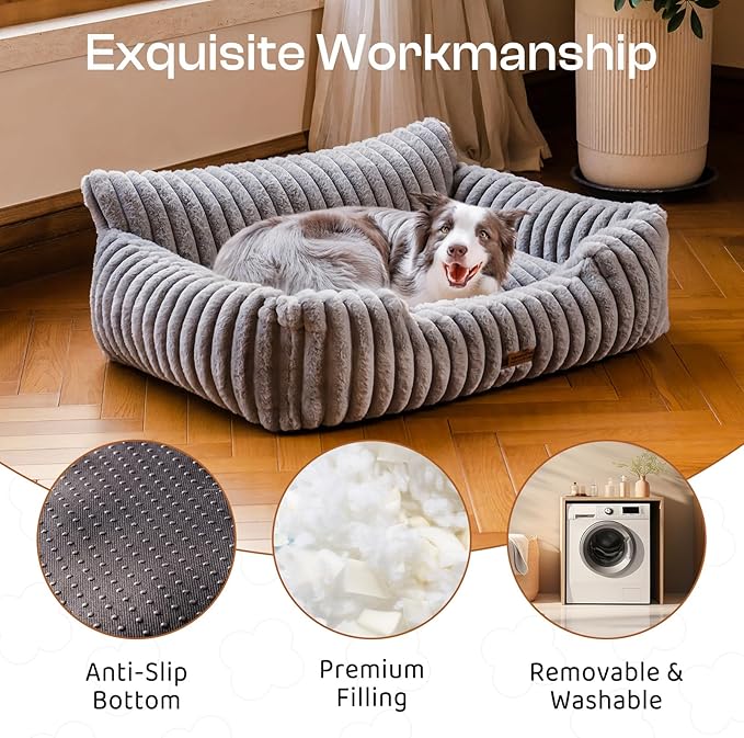 MEWOOFUN Dog Sofa Bed, Fluffy Dog Couch with Removable Washable Cover, Supportive Puppy Bed for Medium Sized up to 45 lbs (Grey, 36x28x12)