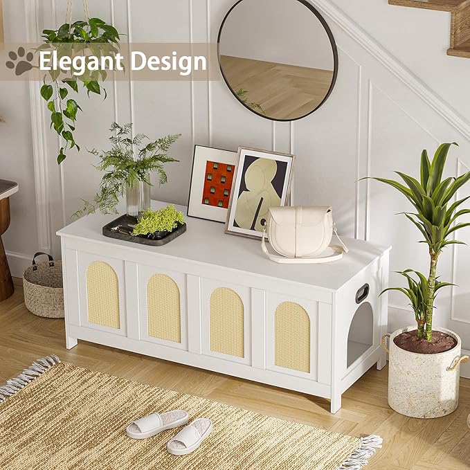 DINZI LVJ Cat Litter Box Enclosure, Flip Top Litter Box Furniture, Rattan-Like Hidden Cat Washroom, Wooden Pet House, End Side Table, 47.2" L x 18.7" W x 19.7" H, Easy to Assemble, White with Rattan