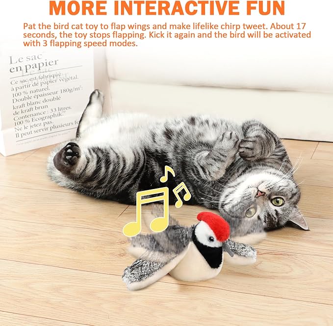 Tocirelo Flapping Bird Cat Toy - Chirping Bird Cat Toy Flapping Wings for Bored Indoor Cats, Interactive Simulated Flying and Realistic Flappy Bird, Touch Activated 7.1" Kitten Kicker Toy with Catnip