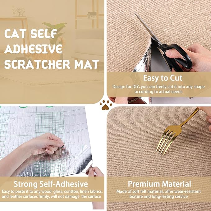 Climbing Cat Scratcher Mat Trimmable Cat Scratching Post Carpet 78.7’’x15.8’’ Self Adhesive Carpet Mat Pad Replacement for Cat Tree Shelves Post Couch Wall Furniture Steps DIY Protector (Beige)