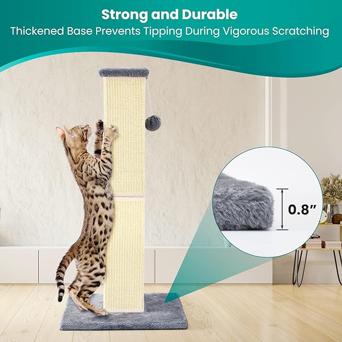 Cat Scratching Post 32 Inch for Indoor Large Cats and Kitten, Nature Sisal Tall Cat Scratch Post, Sisal Cat Scratcher Improve Cat's Scratching Habits and Protect Your Furniture, Grey