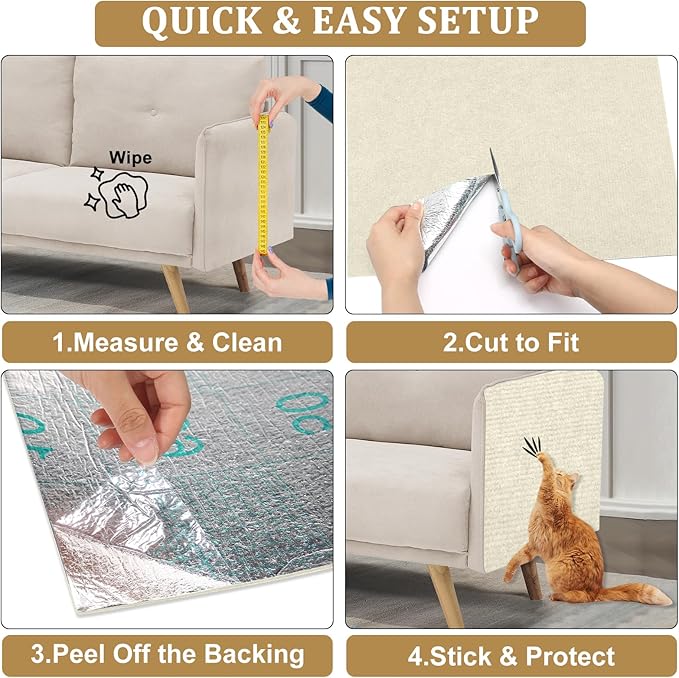 2 Pcs 78.7"x15.8" Cat Scratch Mat, Trimmable Self-Adhesive Carpet, DIY Climb Cat Scratcher for Couch, Furniture or Wall Protection, Cat Tree Cover and Scratching Post Replacement Pad