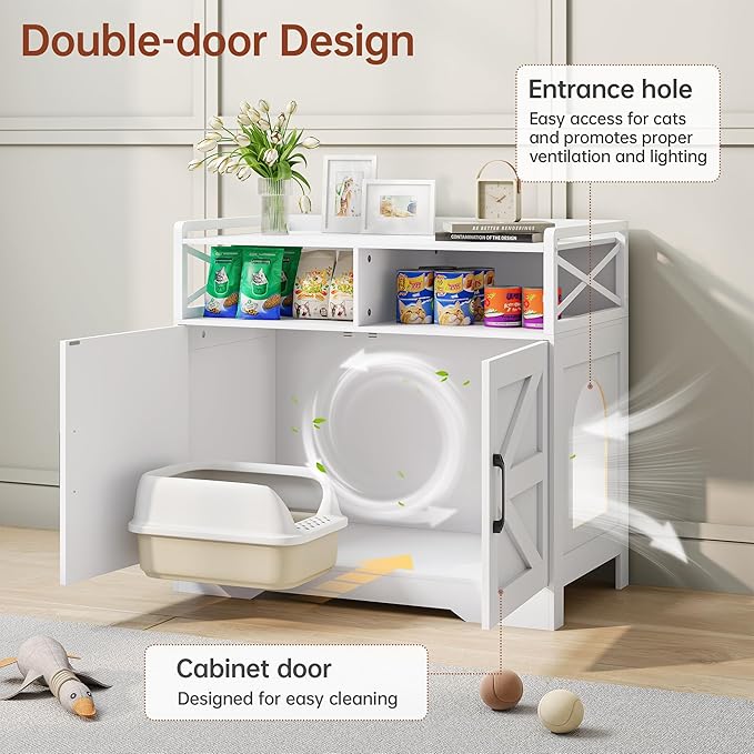 Cat Litter Box Enclosure, Ultra-Large Hidden Litter Box Furniture with Top Opening, Anti-Tipping Fence and 2 Open Drawers, Litter Box Cabinet End Table, White