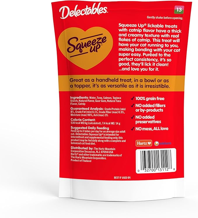 Delectables Squeeze Up Creamy Squeezable Puree, Lickable Wet Cat Treats, Grain Free, No Added Fillers, No By-Products, No Added Preservatives, 0.5 Ounces Tube Tuna & Salmon with Catnip, 32 Tubes Total