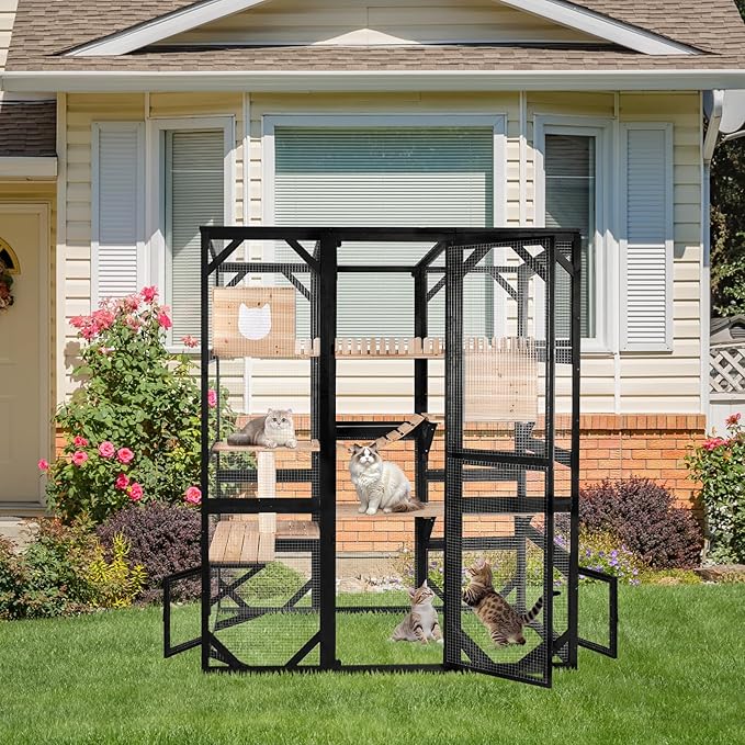 Catio Enclosure Outdoor Wooden Cat House for Multiple Cats Walk in Cage Window Access with Sunlight Friendly Weather-Proof PVC Roof