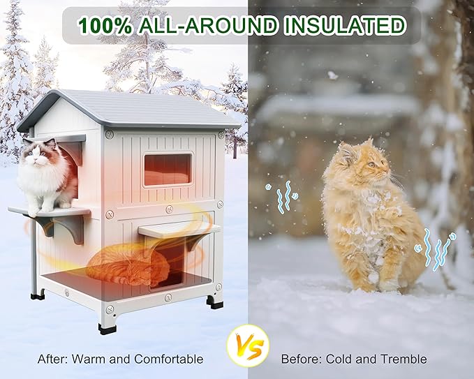 Rockever Plastic Outdoor Cat House with Insulated Liner, 100% Insulated Outdoor Cat Houses for Winter, Waterproof 2 Story Outside Cat Shelter, Clean and Assemble Easily-White